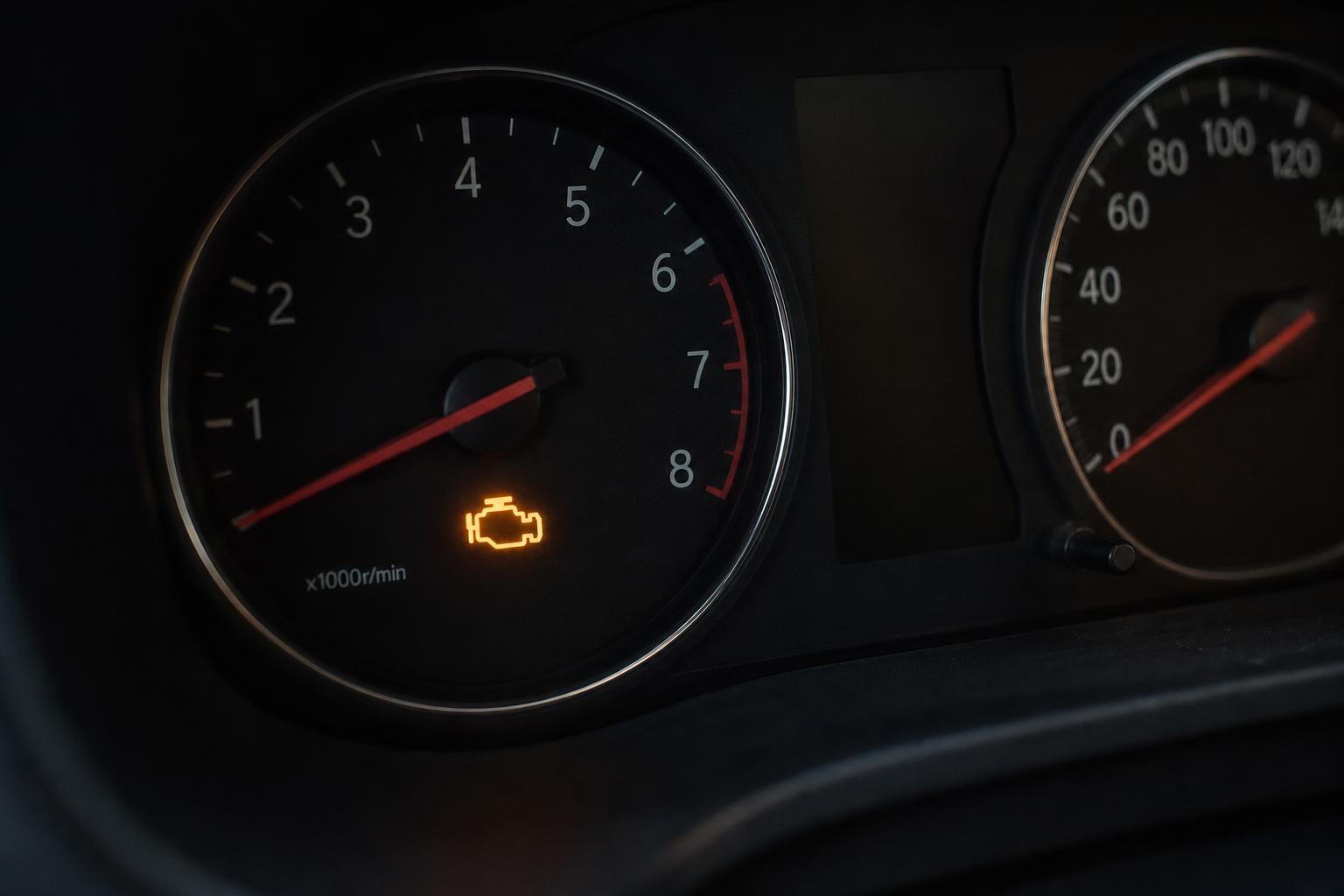 Autó műszerfala világító motorhiba-jelzővel, amely a rázó alapjárat lehetséges problémájára utal