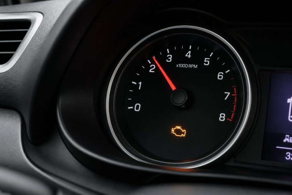 Autó műszerfala közeli képen, középtartományban álló fordulatszámmérővel és világító motorhiba-jelzővel