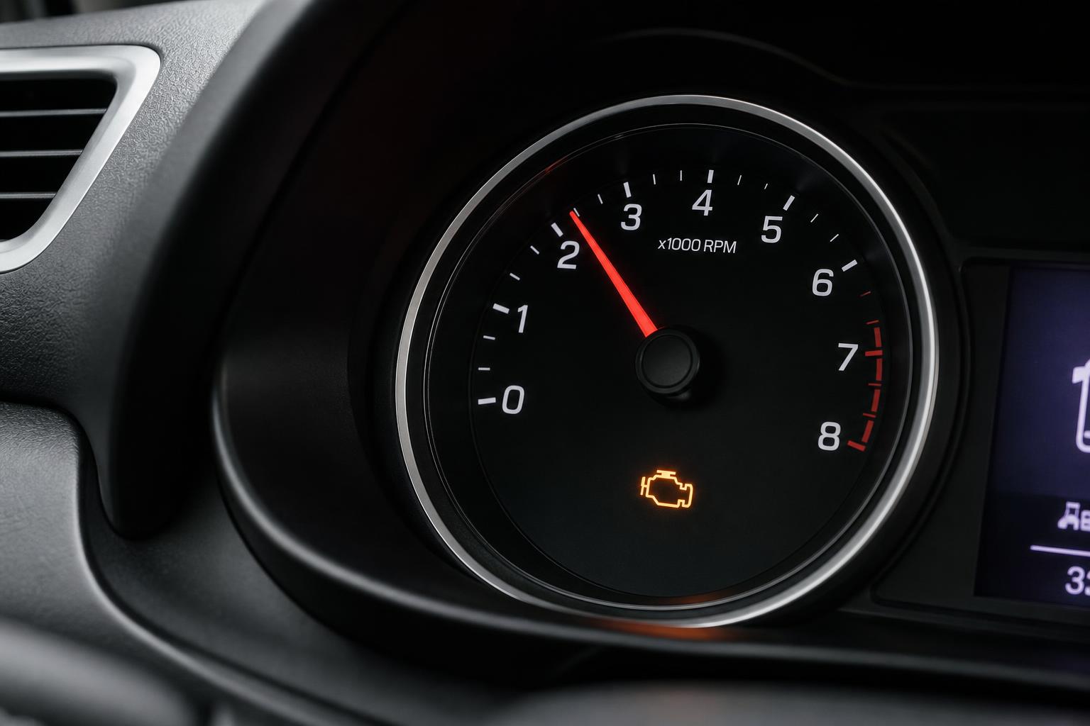 Autó műszerfala közeli képen, középtartományban álló fordulatszámmérővel és világító motorhiba-jelzővel
