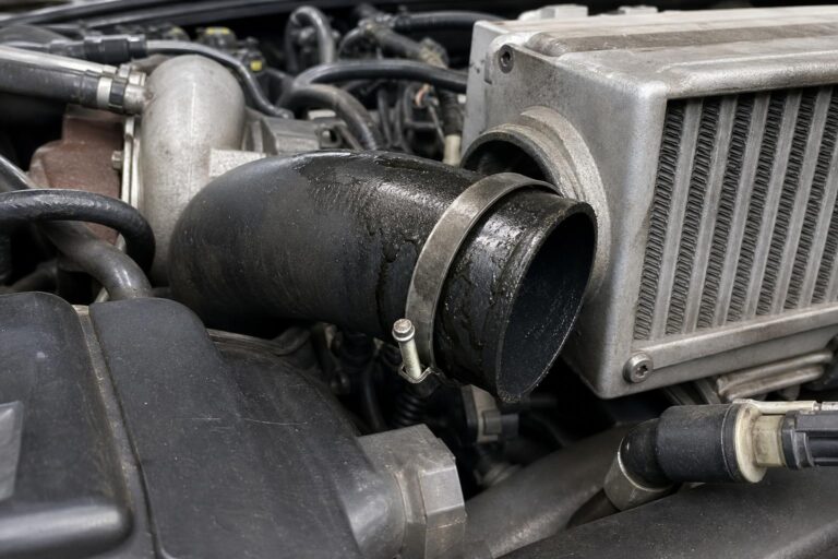 Turbófeltöltős motor töltőlevegő-csöve laza bilinccsel, amely szivárgást okozhat gyorsításkor