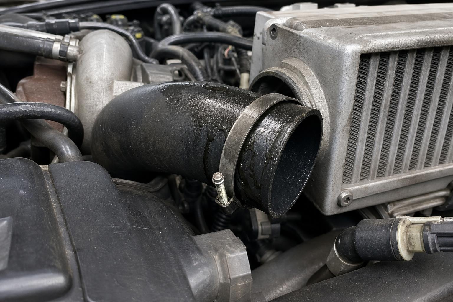 Turbófeltöltős motor töltőlevegő-csöve laza bilinccsel, amely szivárgást okozhat gyorsításkor