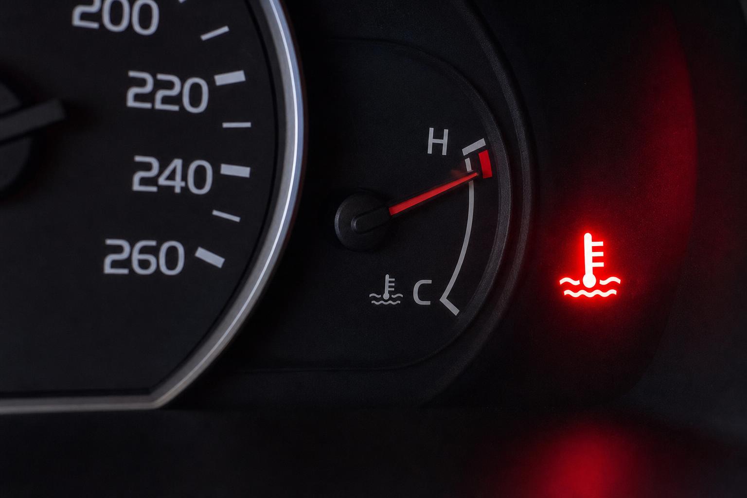 Autó műszerfala magas motorhőmérsékletet jelző piros figyelmeztető ikonnal