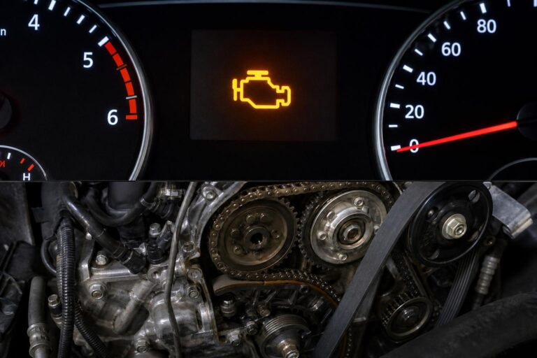 Autómotor közelképe a vezérlés és a segédszíj környékén, ahol alapjárati zörgés forrása lehet