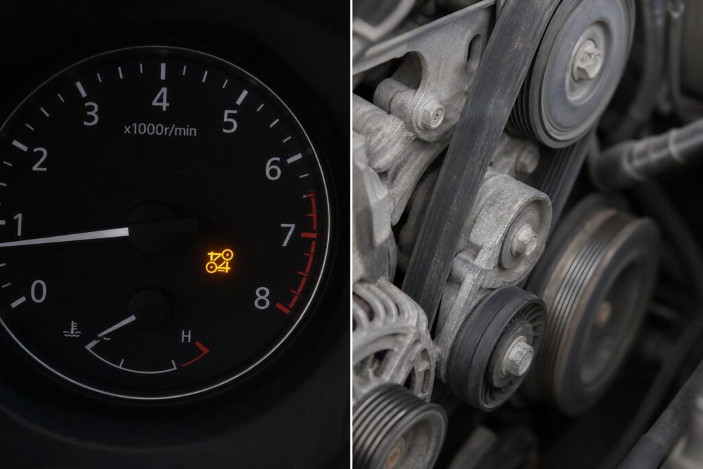 Közeli fotó egy autómotor hosszbordás szíjáról és feszítőgörgőjéről
