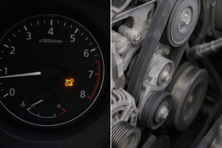 Közeli fotó egy autómotor hosszbordás szíjáról és feszítőgörgőjéről