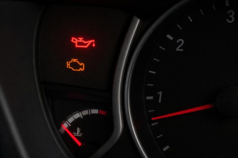 Autó műszerfala piros olajnyomás- és motorhiba-jelzéssel, mély motor-kopogás lehetséges veszélyére utalva