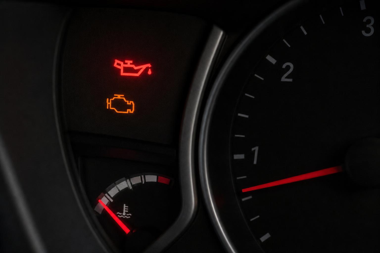 Autó műszerfala piros olajnyomás- és motorhiba-jelzéssel, mély motor-kopogás lehetséges veszélyére utalva