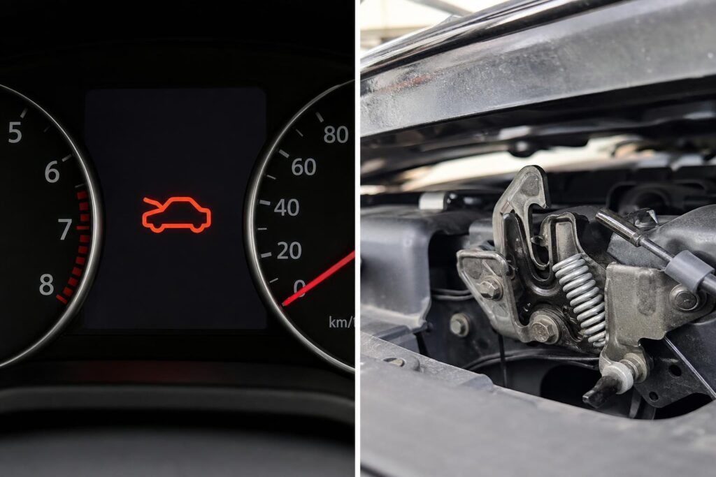 Részben nyitott motorháztető alatt látható autózár és kioldóbowden közeli képe