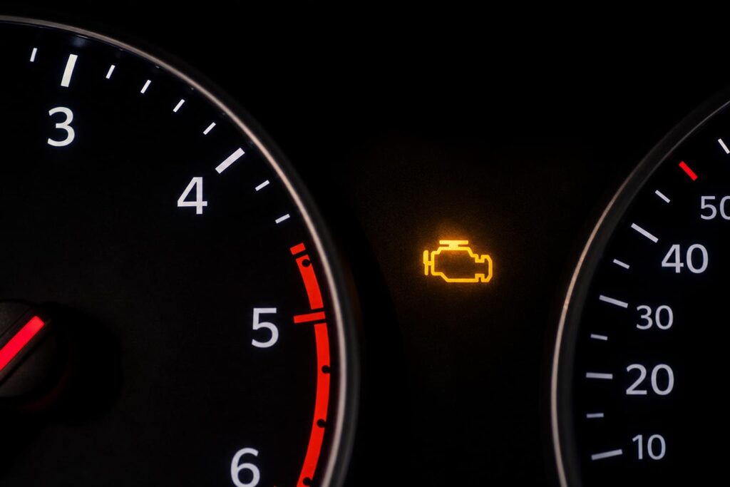Autó műszerfala világító sárga motorhiba jelzéssel akkumulátorcsere után