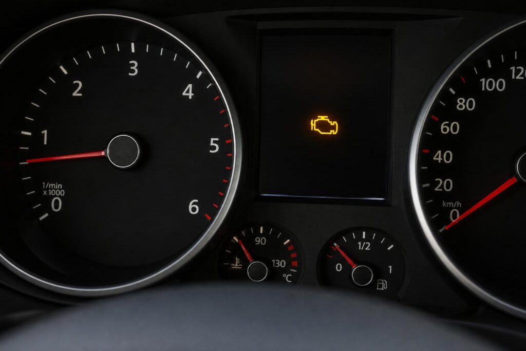 Autó műszerfala világító sárga motorhiba-jelző ikonnal