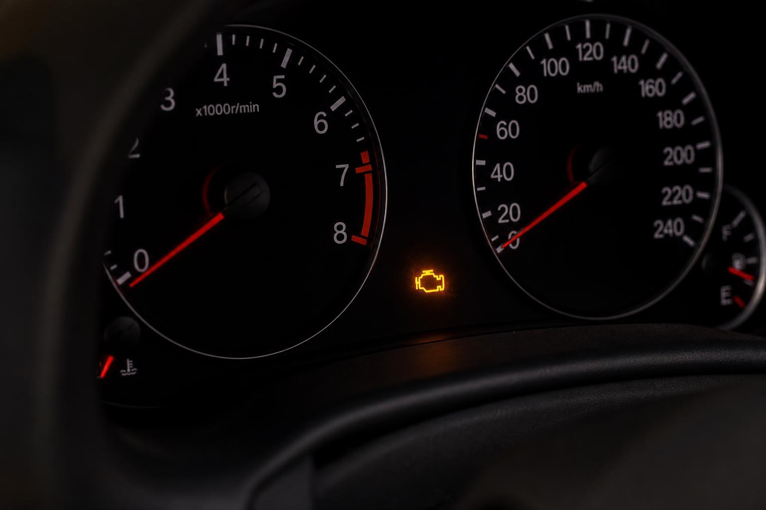 Közeli, élethű fotó autó műszerfaláról villogó sárga motorhiba-visszajelzővel