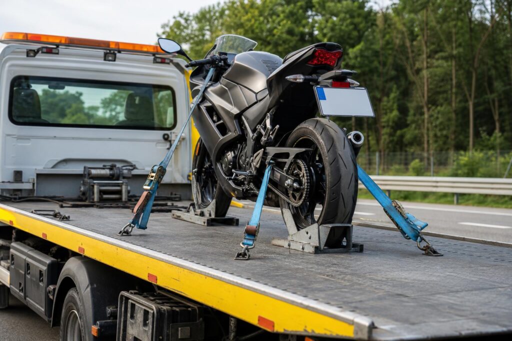 Biztonságosan rögzített motorkerékpár professzionális autómentő platóján