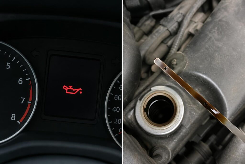 Elsötétedett motorolaj a benzines autó nívópálcáján és olajbetöltő nyílásánál