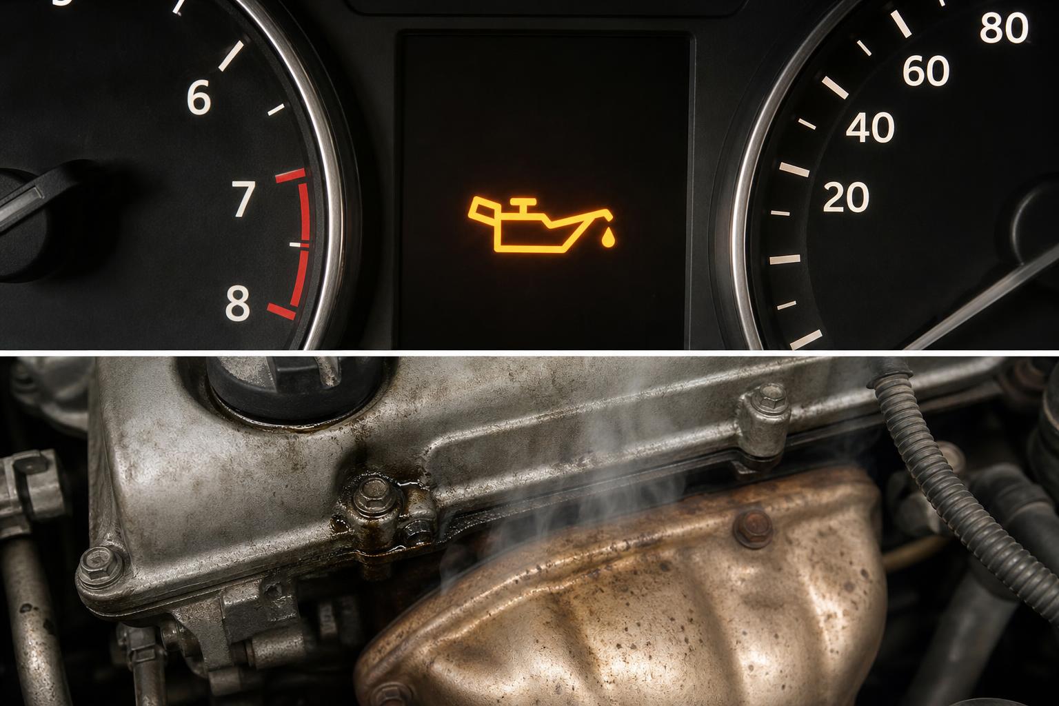 Benzines autó motorterében a szelepfedél közelében látható olajszivárgás és enyhe olajpára