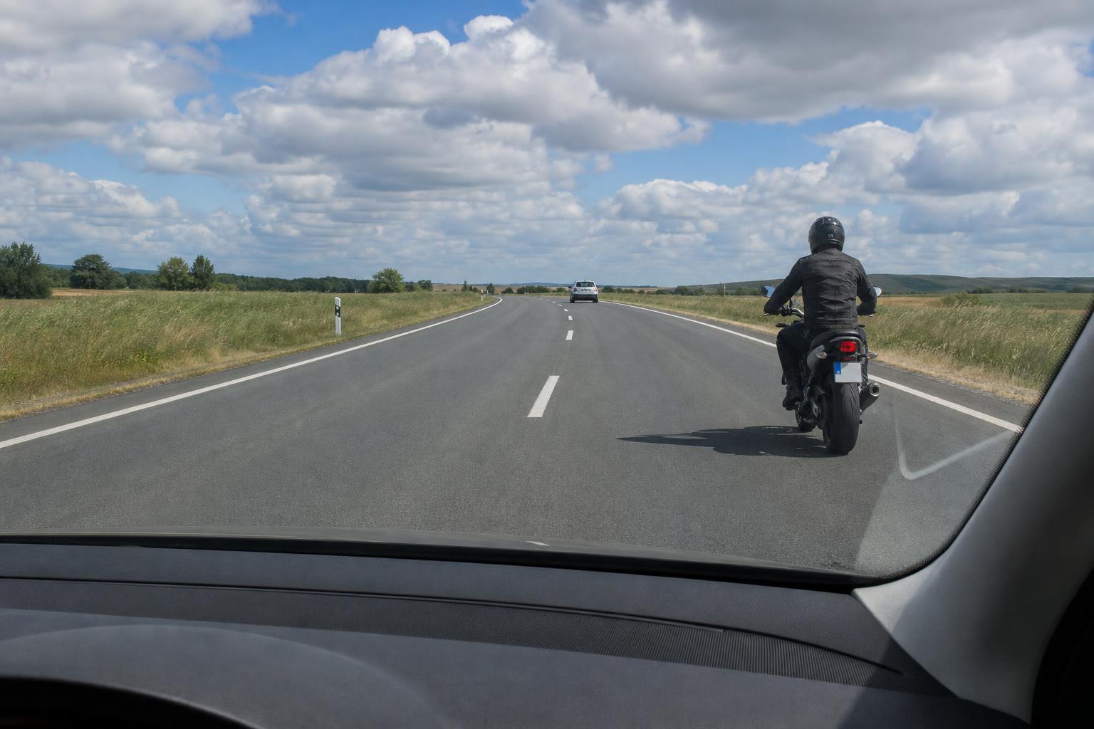 Autó halad el biztonságos oldaltávolsággal egy motorkerékpár mellett országúton
