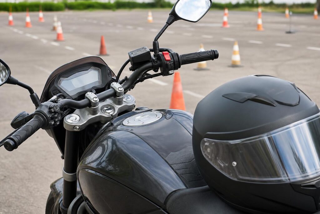Motorkerékpár kormánya és műszerfala vezetési gyakorláshoz előkészítve