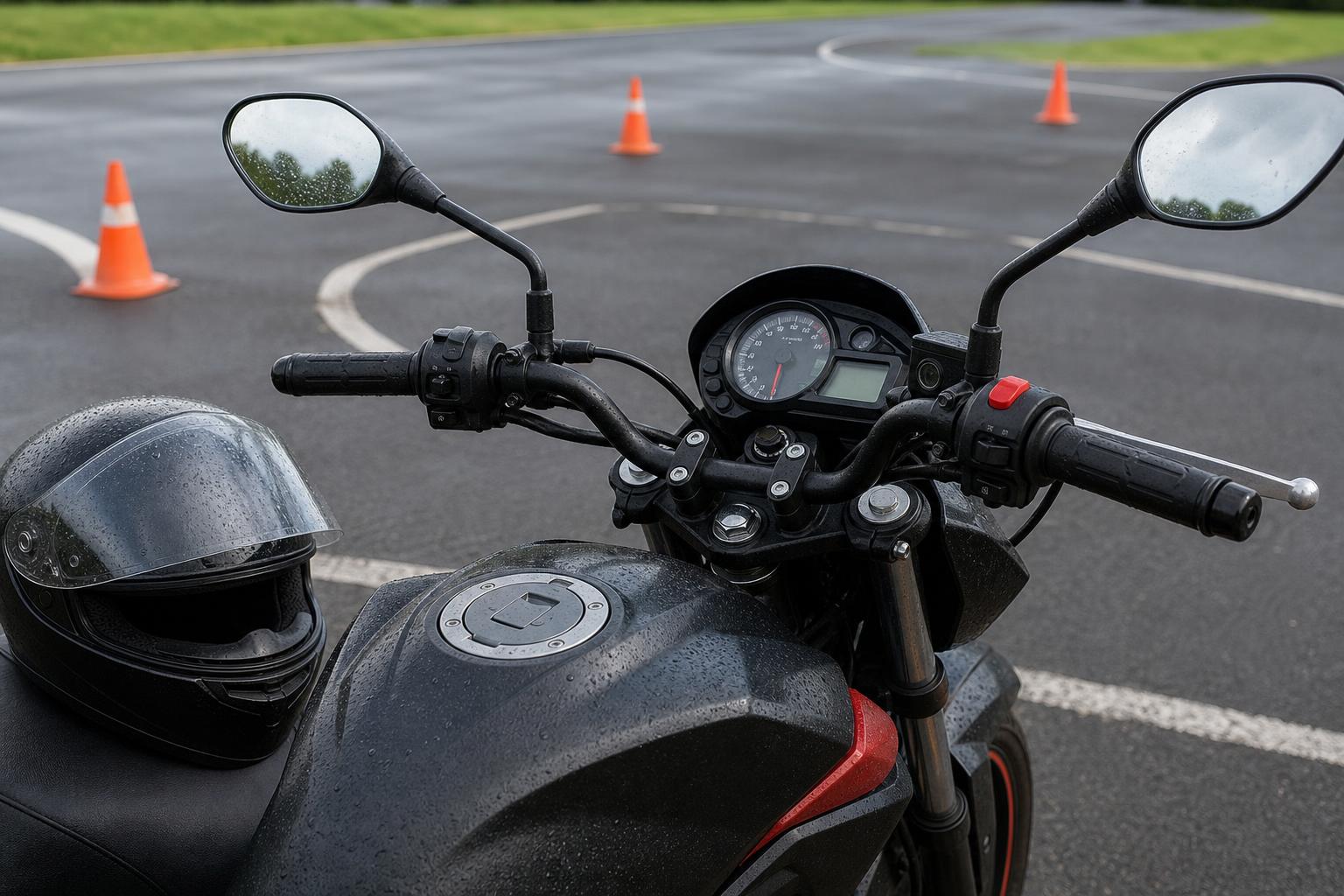 Motorkerékpár kormánya és műszerfala motoros gyakorlópályán, a jogosítvány megszerzéséhez kapcsolódó vezetéstechnikai képzés témájához