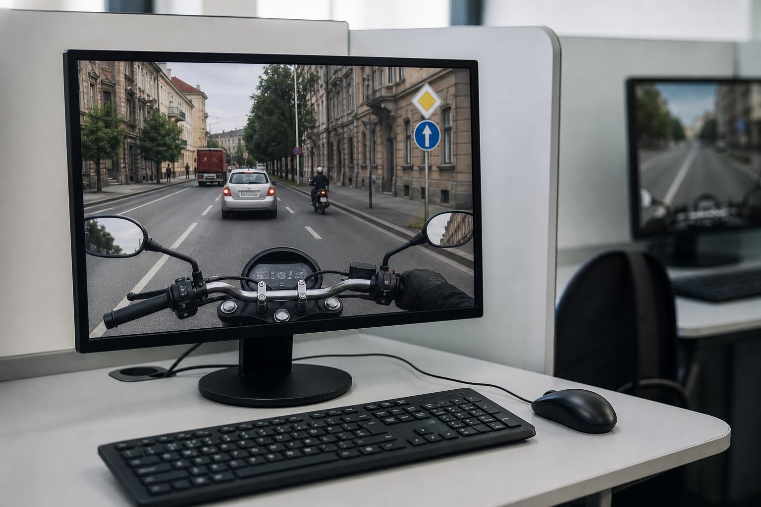 Motoros KRESZ-vizsgára készülő számítógépes vizsgaállomás közlekedési helyzetet bemutató képernyővel