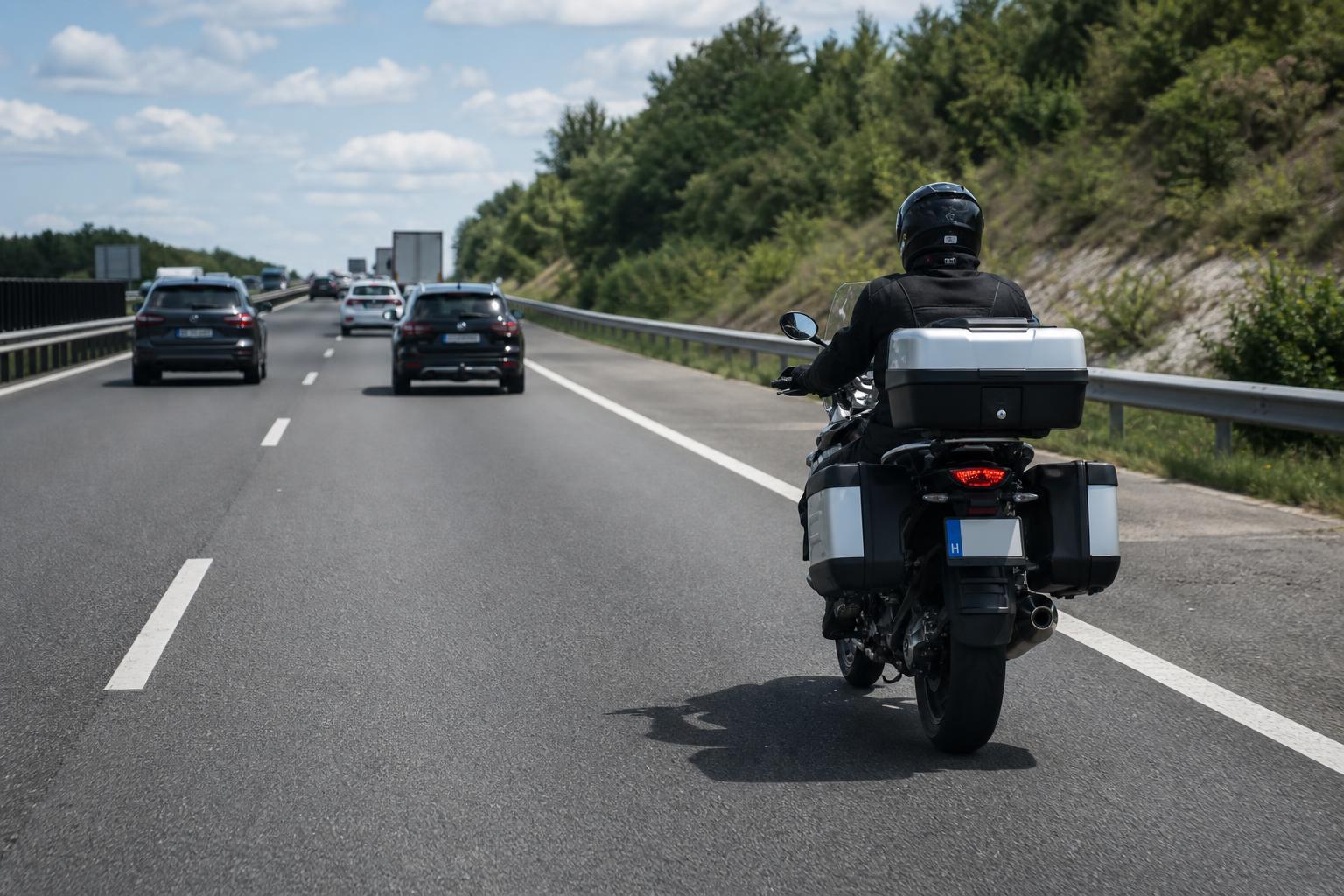 Motorkerékpár szabályosan halad a jobb oldali forgalmi sávban autópályán