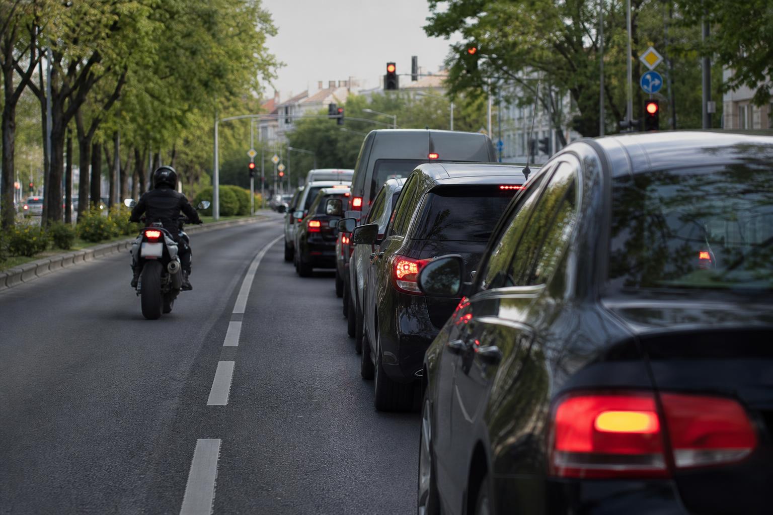 Motorkerékpár óvatosan halad az álló autósor bal oldala mellett városi úton