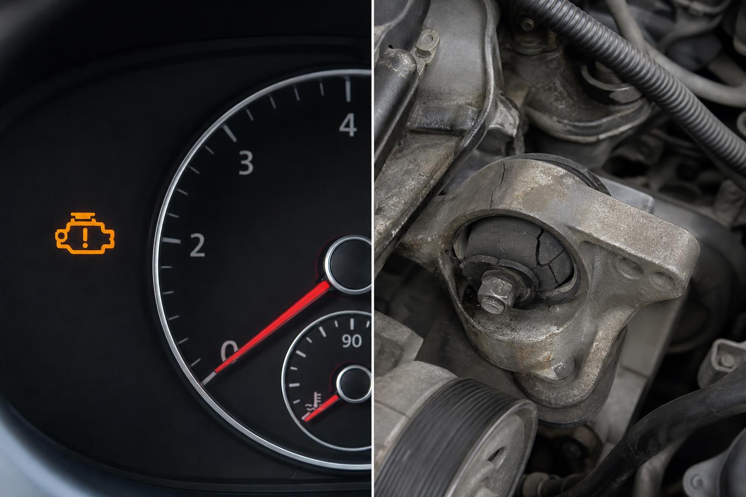 Közelkép egy repedt gumirészű, elhasználódott motortartó bakról a motortérben