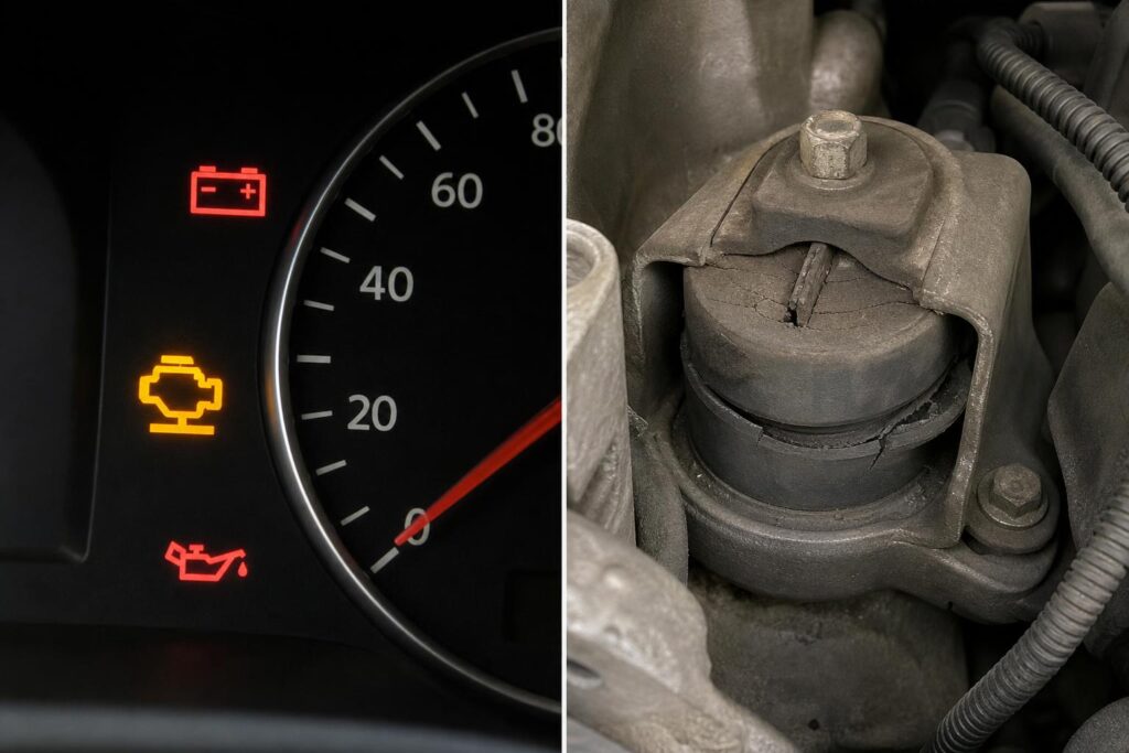 Repedt gumirészű motortartó bak egy autó motorterében