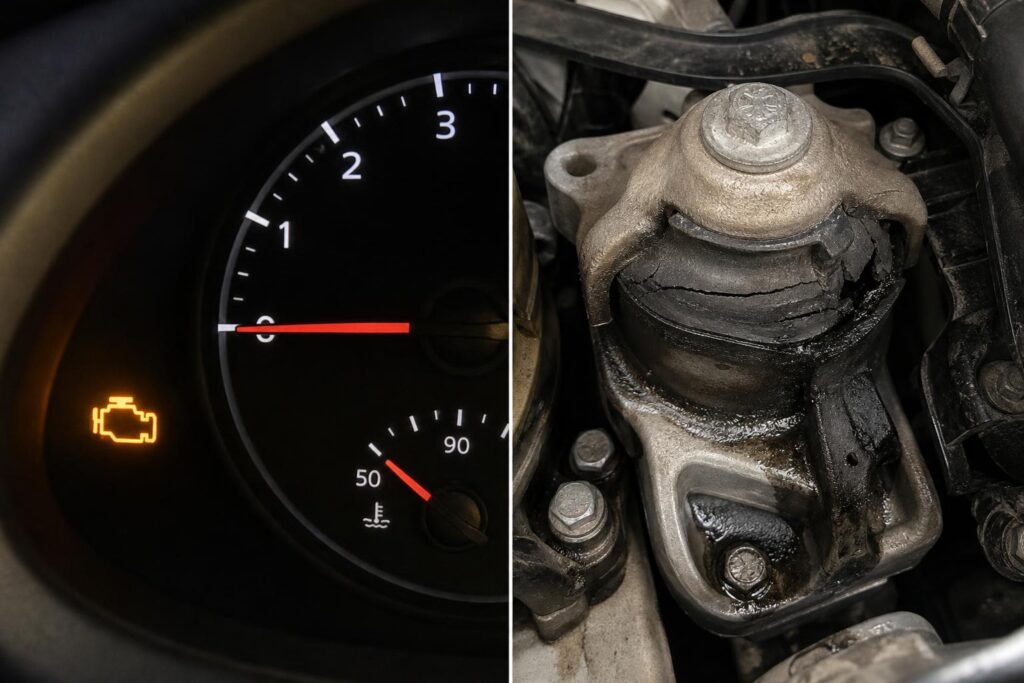 Kopott és repedt motortartó bak részlete egy autó motorterében