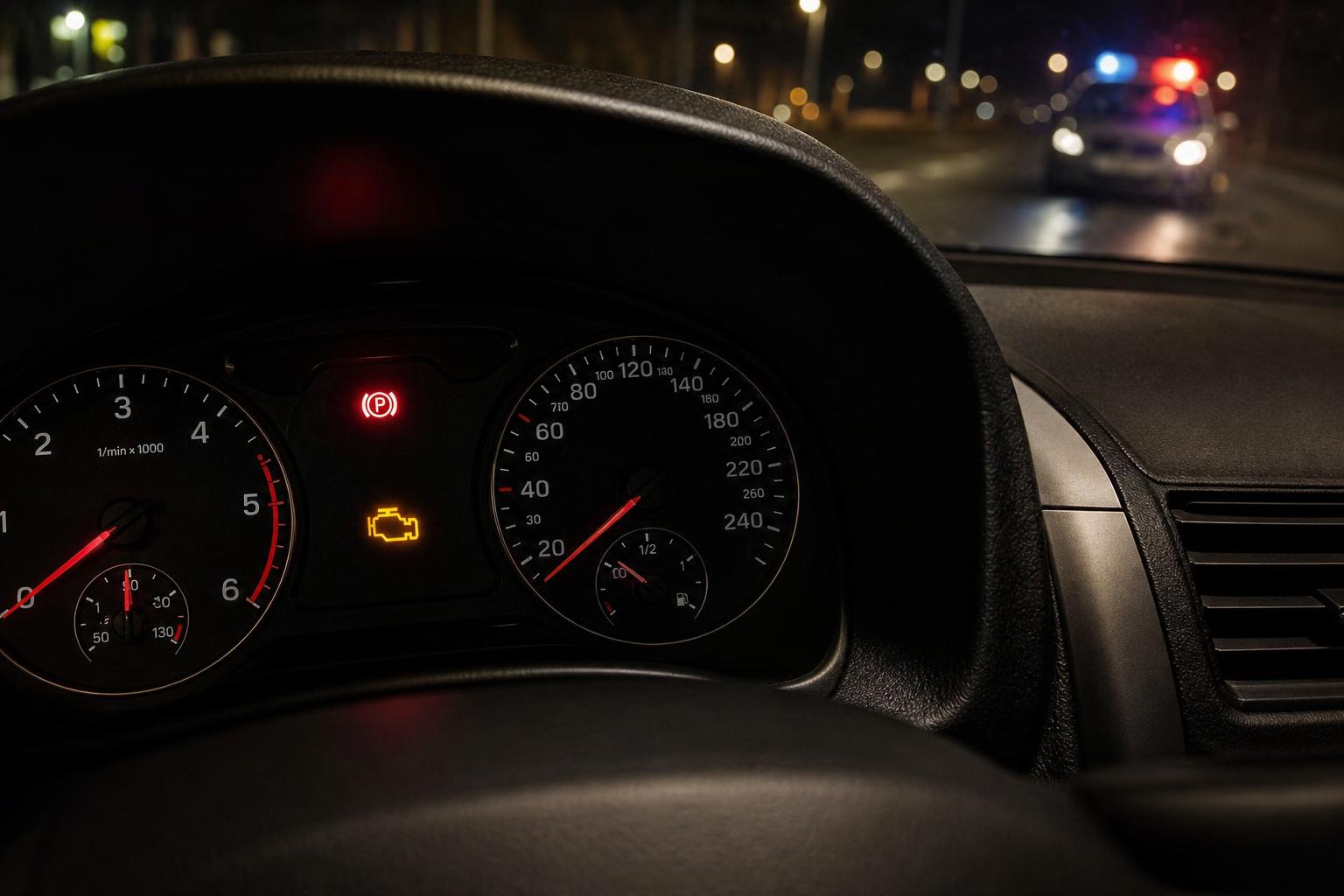 Műszaki hibára figyelmeztető fék- és motorhiba-jelzés egy autó műszerfalán