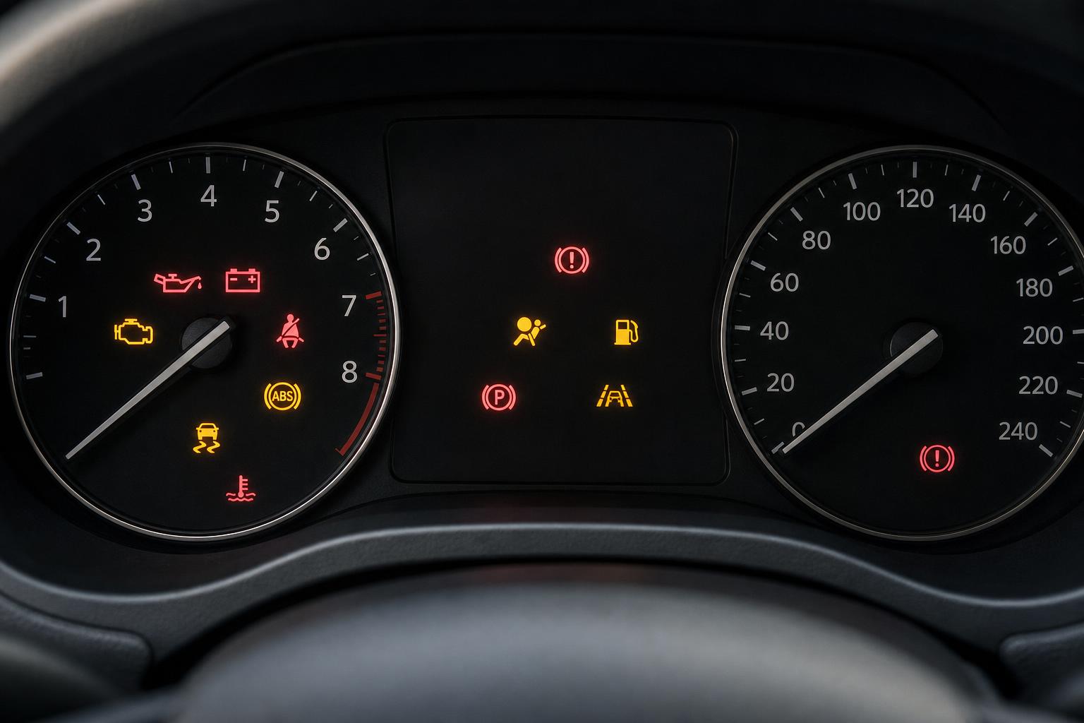 Autó műszerfala indításkor felvillanó olajnyomás-, akkumulátor-, ABS- és motorhiba-jelzőkkel