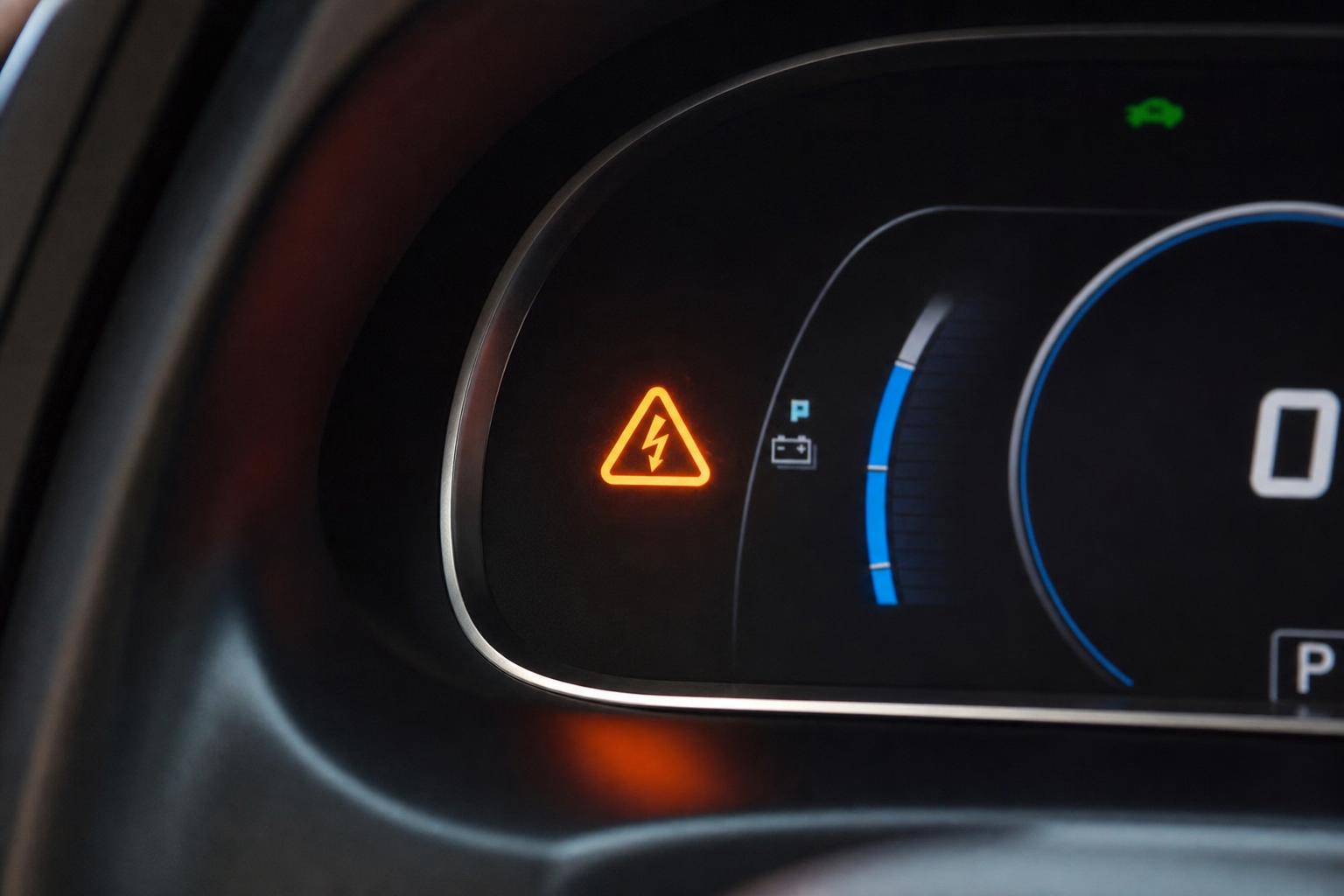 Elektromos autó műszerfala nagyfeszültségű rendszerre utaló gyári figyelmeztető jelzéssel