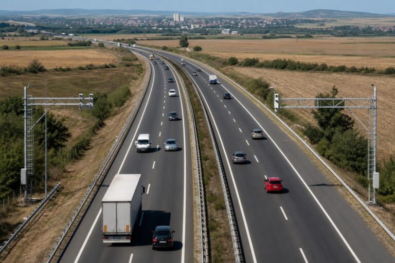 Autópálya két sebességmérési ponttal az átlagsebesség-mérés illusztrációjához
