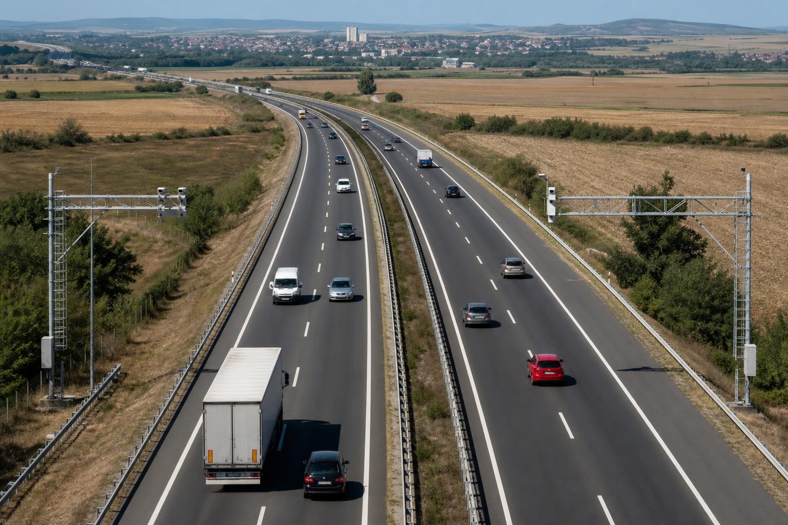 Autópálya két sebességmérési ponttal az átlagsebesség-mérés illusztrációjához