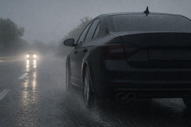 Modern autó esőben, elöl nappali menetfénnyel, hátul kikapcsolt helyzetjelzőkkel