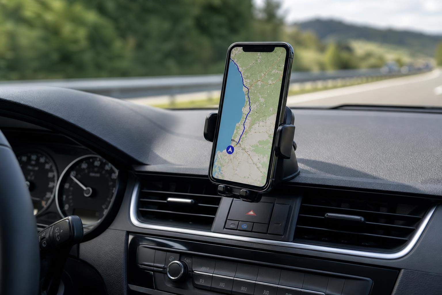 Biztonságosan rögzített telefon navigációs térképpel egy autó műszerfalán