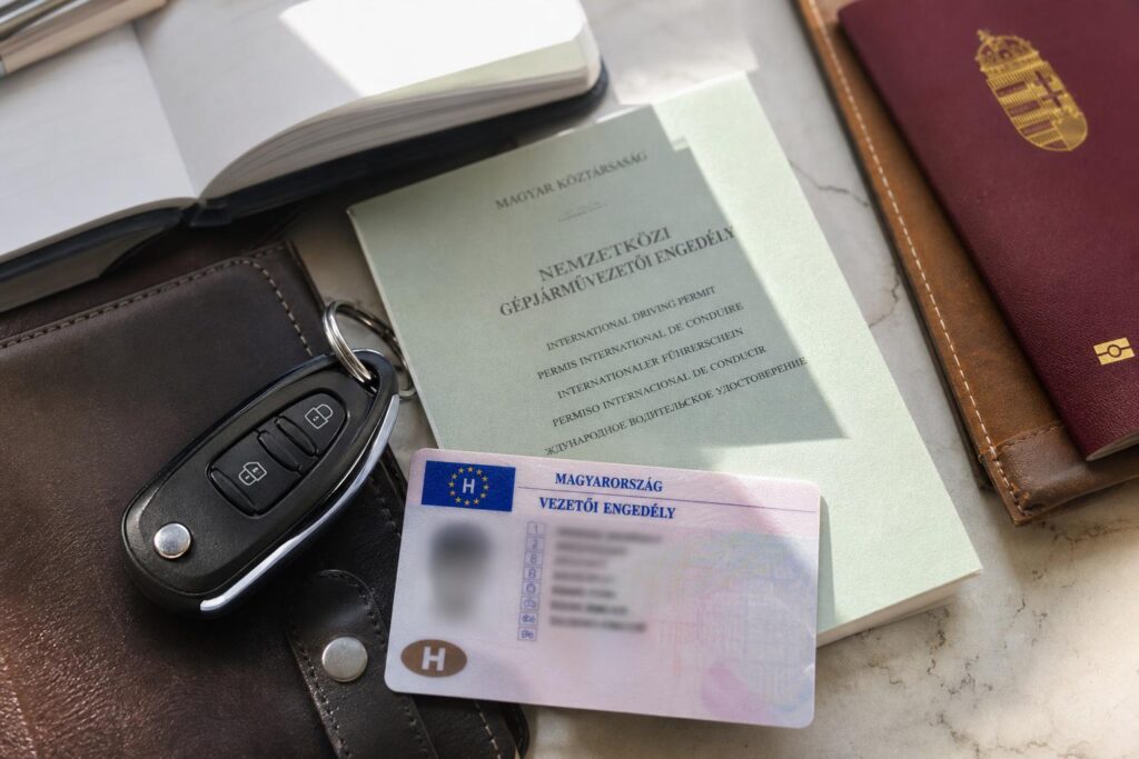 Magyar jogosítvány és nemzetközi vezetői engedély autókulcs és útlevél mellett