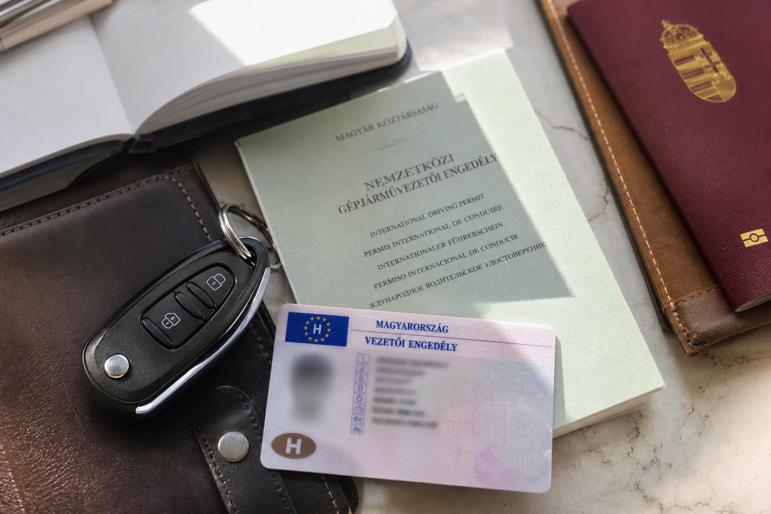 Magyar jogosítvány és nemzetközi vezetői engedély autókulcs és útlevél mellett