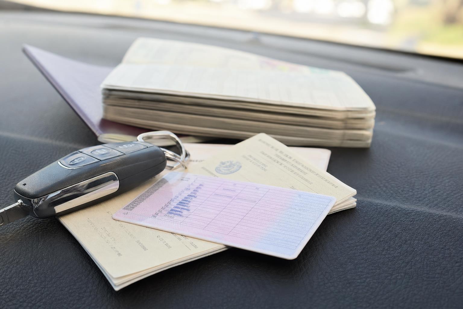 Magyar vezetői engedély és nemzetközi vezetői engedély autókulcs mellett egy autó műszerfalán