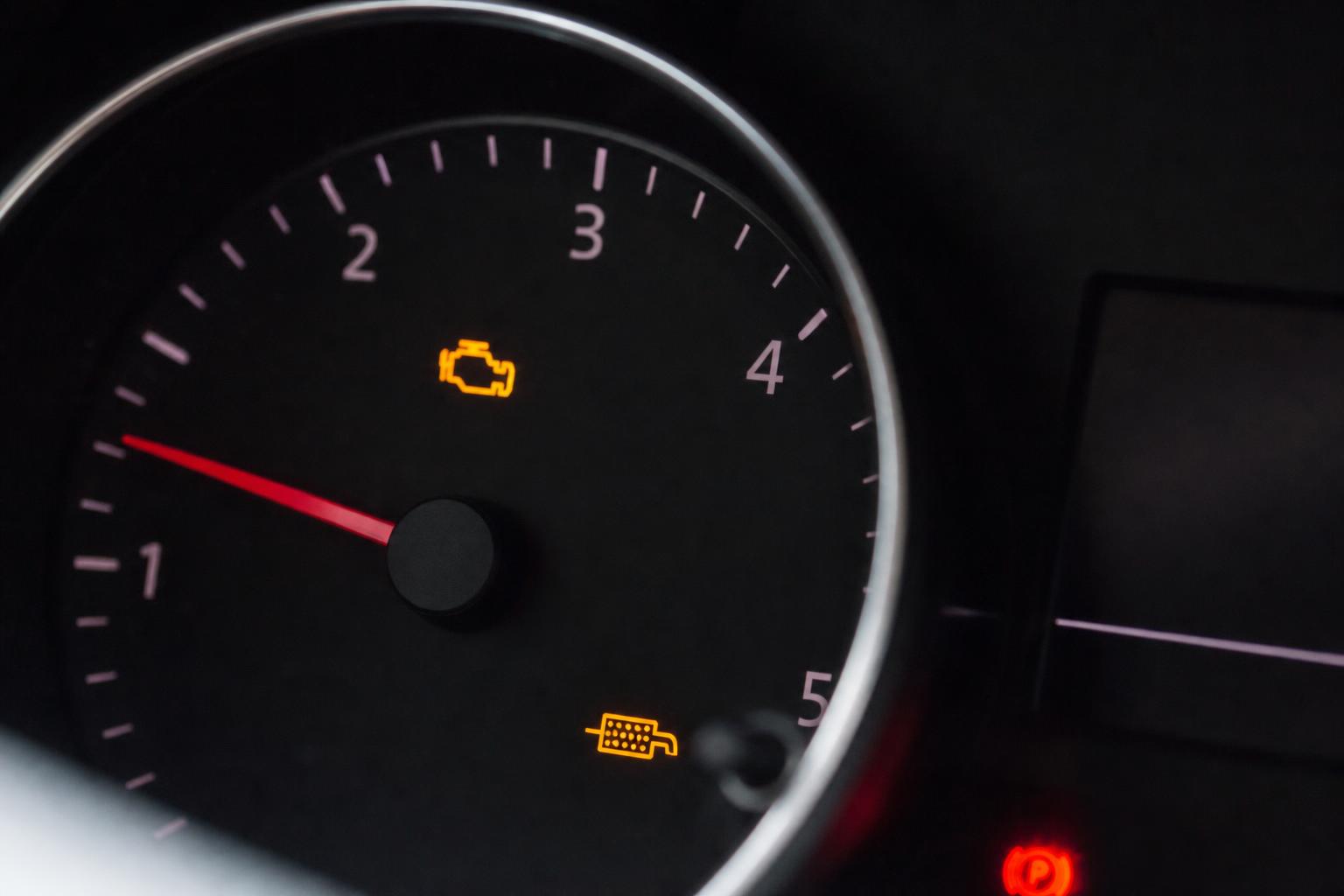 Autó műszerfalának közeli képe sárga motorhiba- és emissziós figyelmeztető jelzéssel