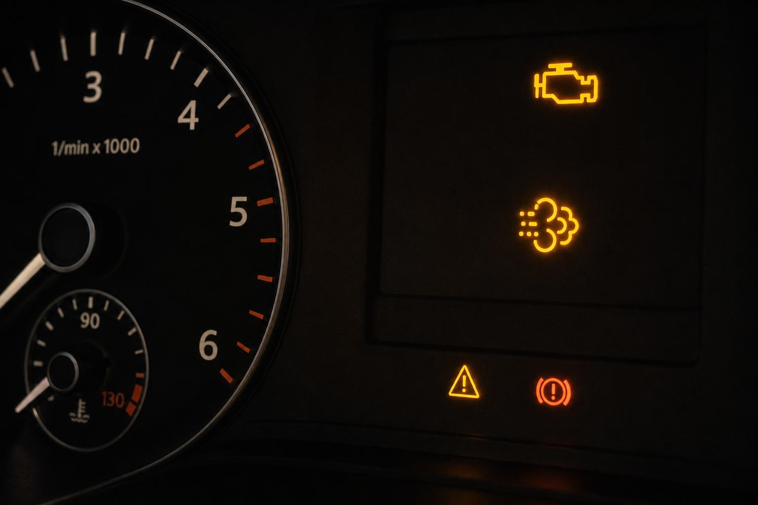 Autó műszerfala világító motorhiba- és emissziós rendszer visszajelzővel NOx szenzor hiba miatt