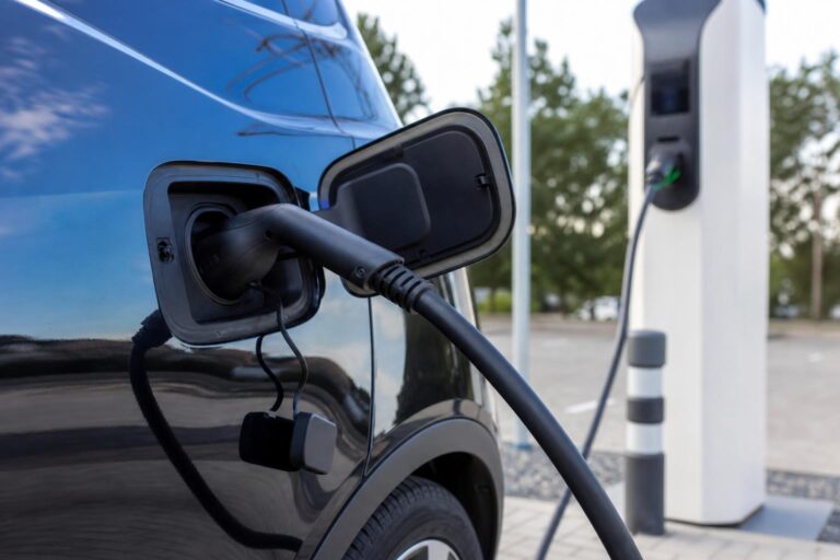 Elektromos autó csatlakoztatva nyilvános töltőállomáshoz