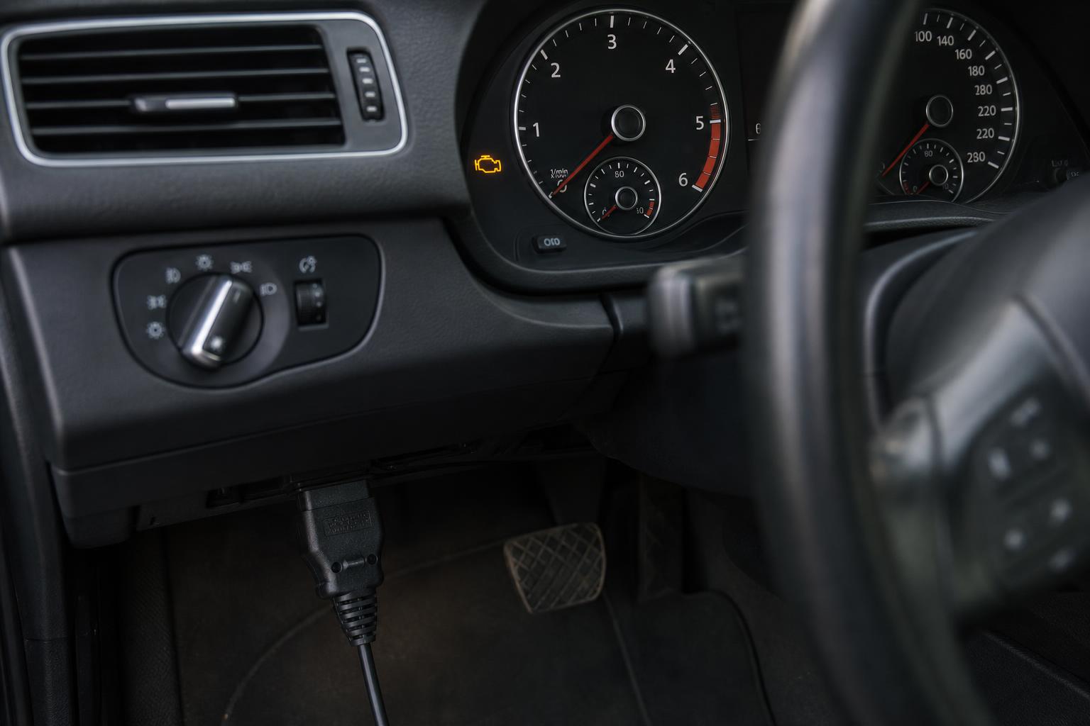 Használt autó műszerfala világító motorhiba-jelzéssel és csatlakoztatott OBD-diagnosztikai eszközzel