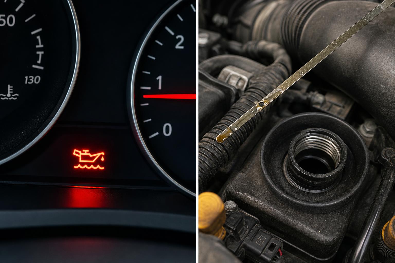 Motorolajjal szennyezett nívópálca egy autó motorterében az emelkedő olajszint szemléltetésére