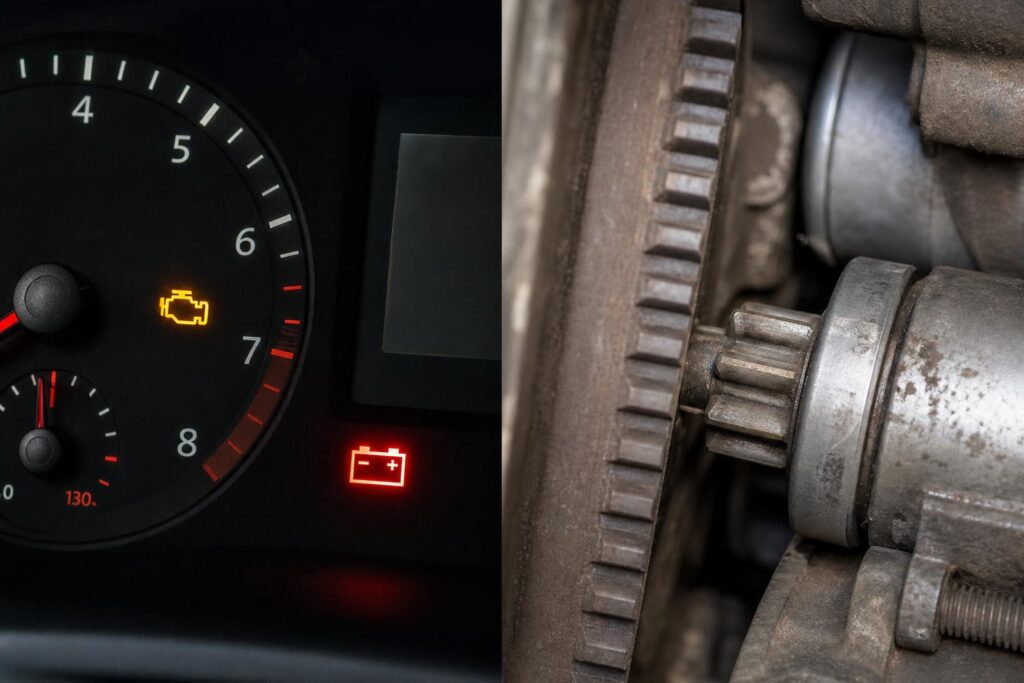 Közelkép egy önindító fogaskerekéről és a lendkerék fogazásáról az autó motorterében