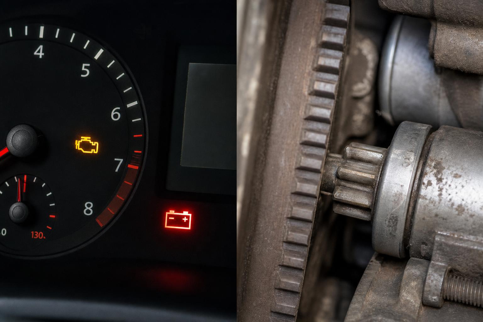 Közelkép egy önindító fogaskerekéről és a lendkerék fogazásáról az autó motorterében