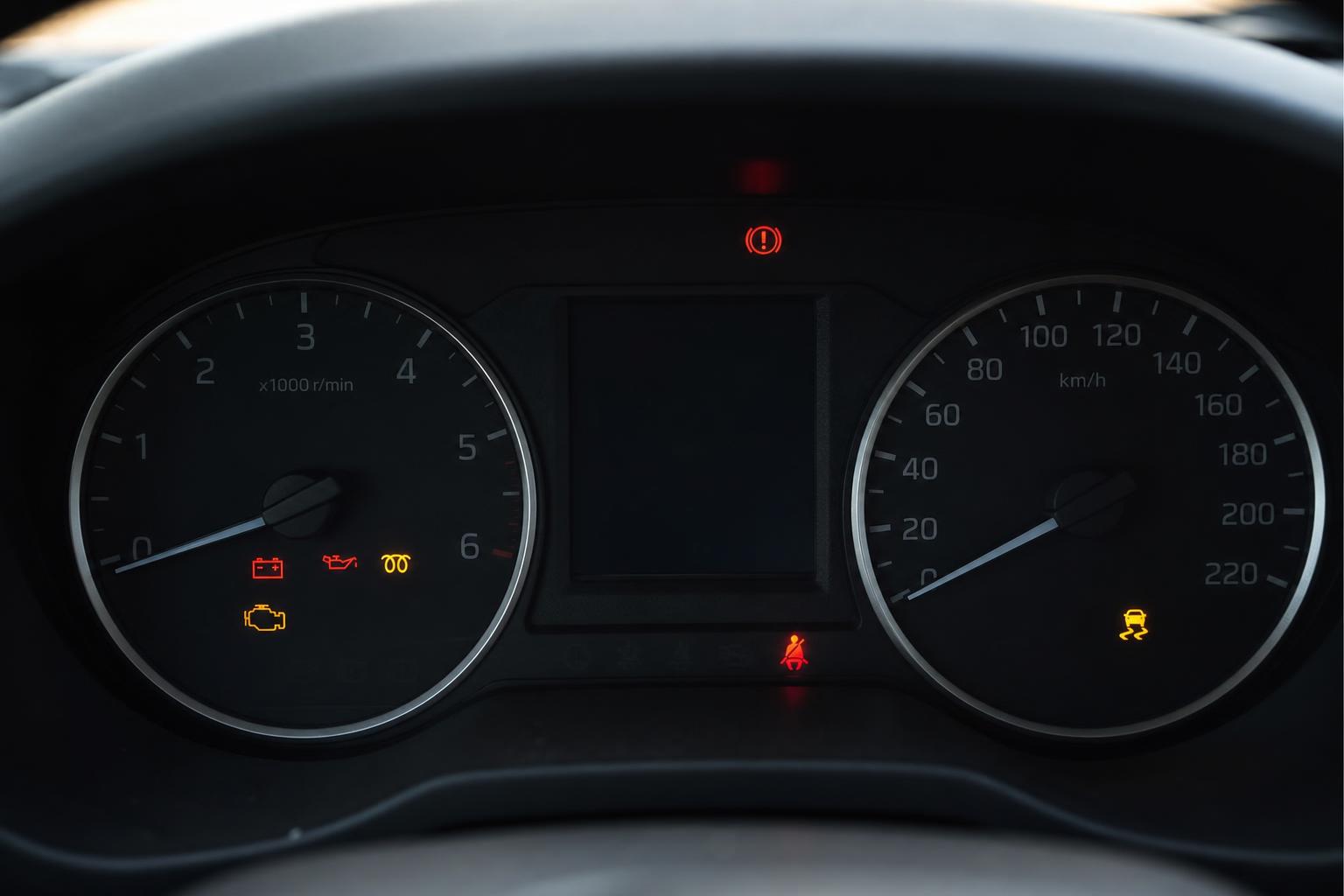 Autó műszerfala meleg motor újraindításakor, a lassan forgató önindító hibájára utaló halványuló műszervilágítással