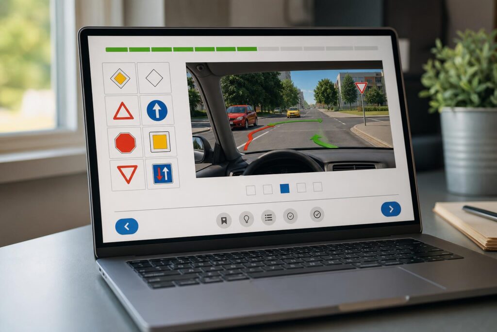 Laptopon megjelenő online KRESZ-tananyag közlekedési táblákkal és kereszteződési helyzettel