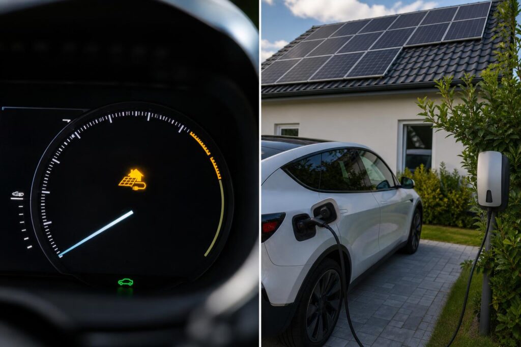 Elektromos autó fali töltőn egy napelemes családi ház mellett