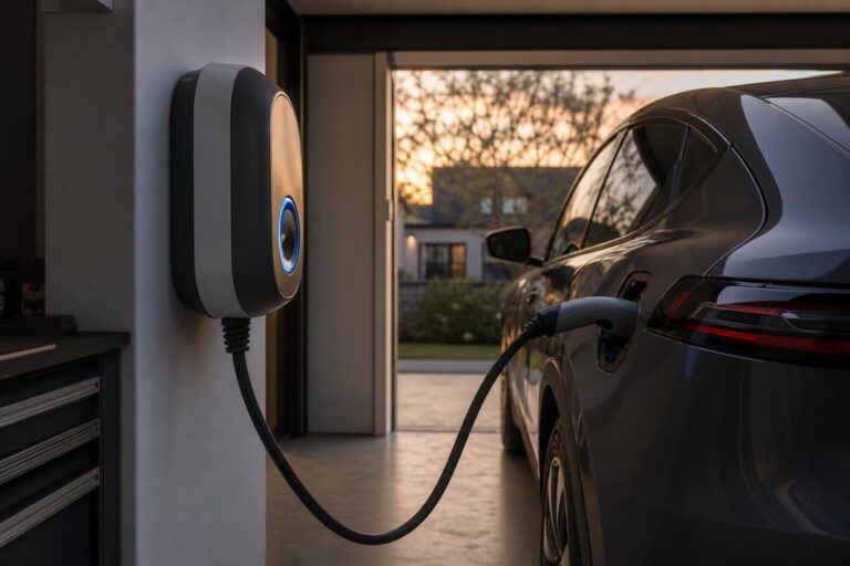 Elektromos autó falra szerelt otthoni töltőre csatlakoztatva garázsban