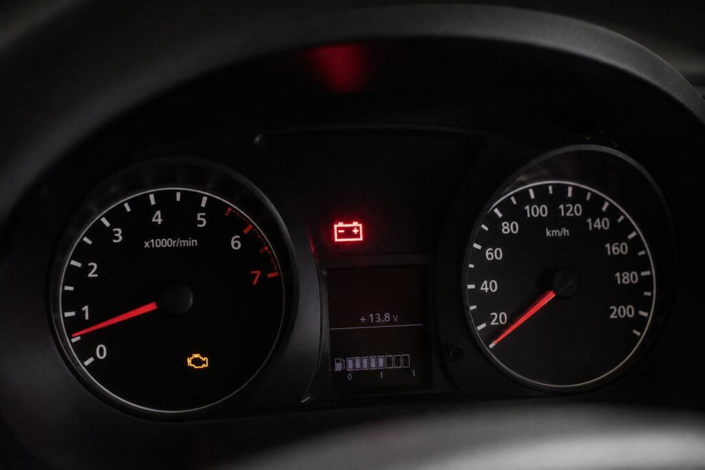 Autó műszerfala akkumulátorhibára utaló gyári visszajelző ikonnal, időszakos elektromos hiba témájához