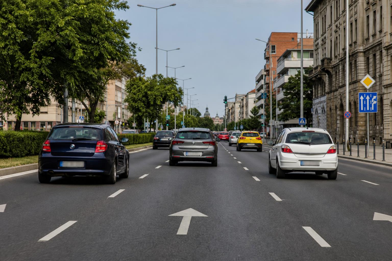 Többsávos városi út párhuzamosan haladó autókkal és jól látható forgalmi sávokkal